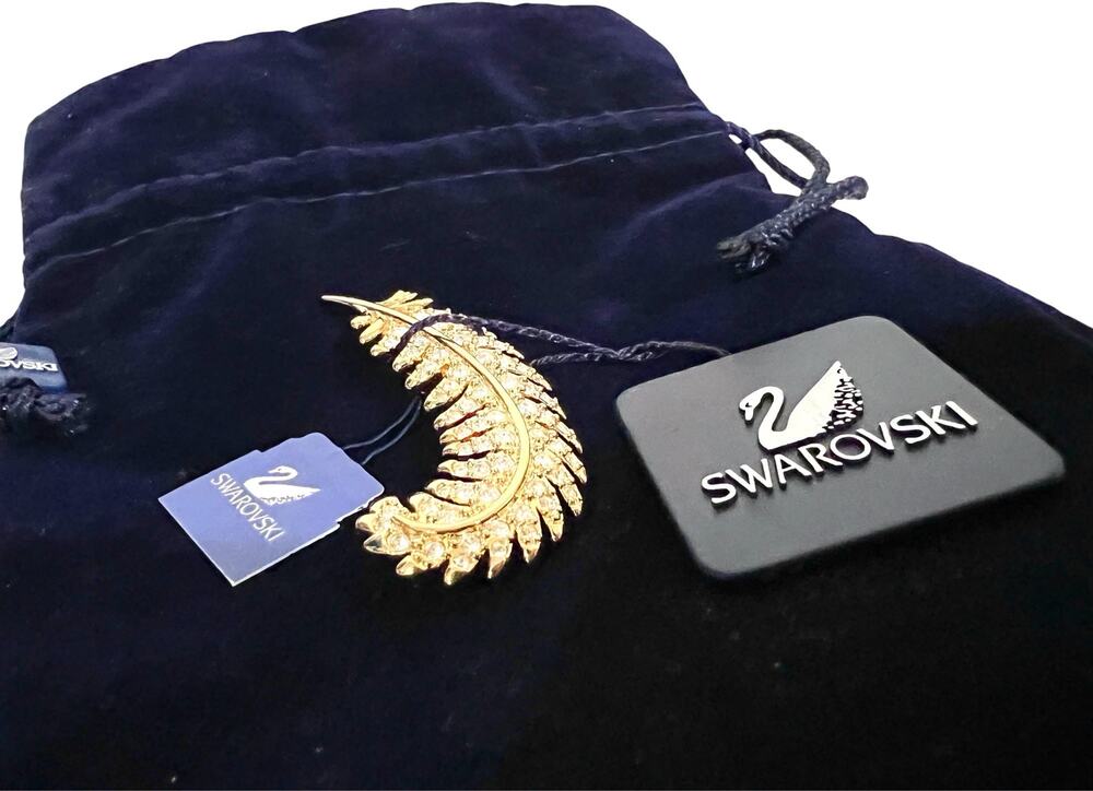 NEW Swarovski Feather Clear Crystal Gold Tone Swan Stamped Elegant Brooch w/ Bag